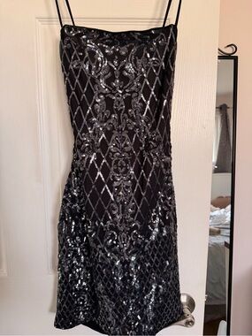 Black Sequin Mini Dress with Silver Pattern